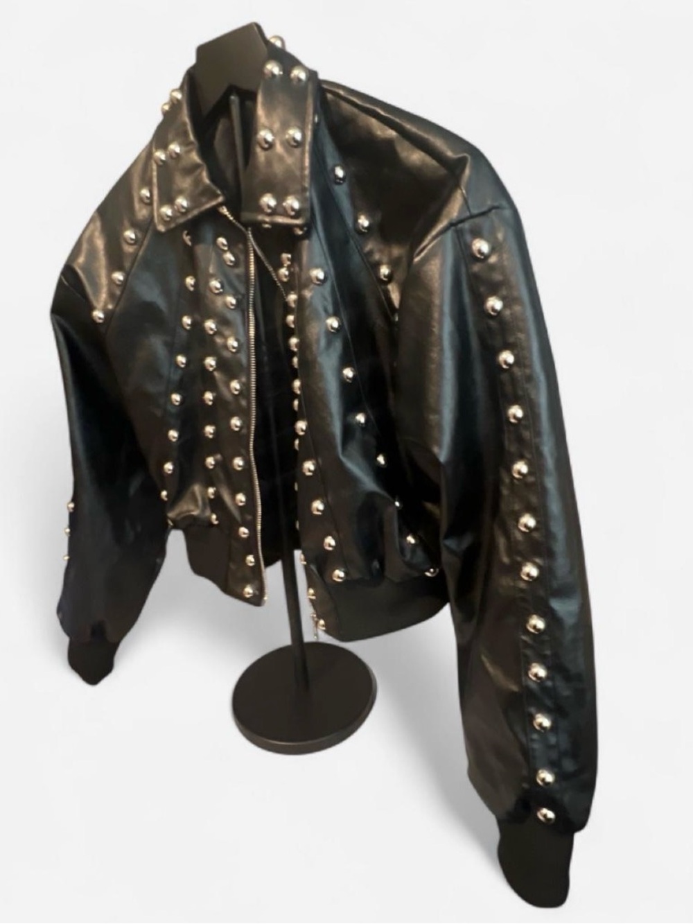 Boohoo Black Faux Leather Studded Bomber Jacket - Picture 2 of 6